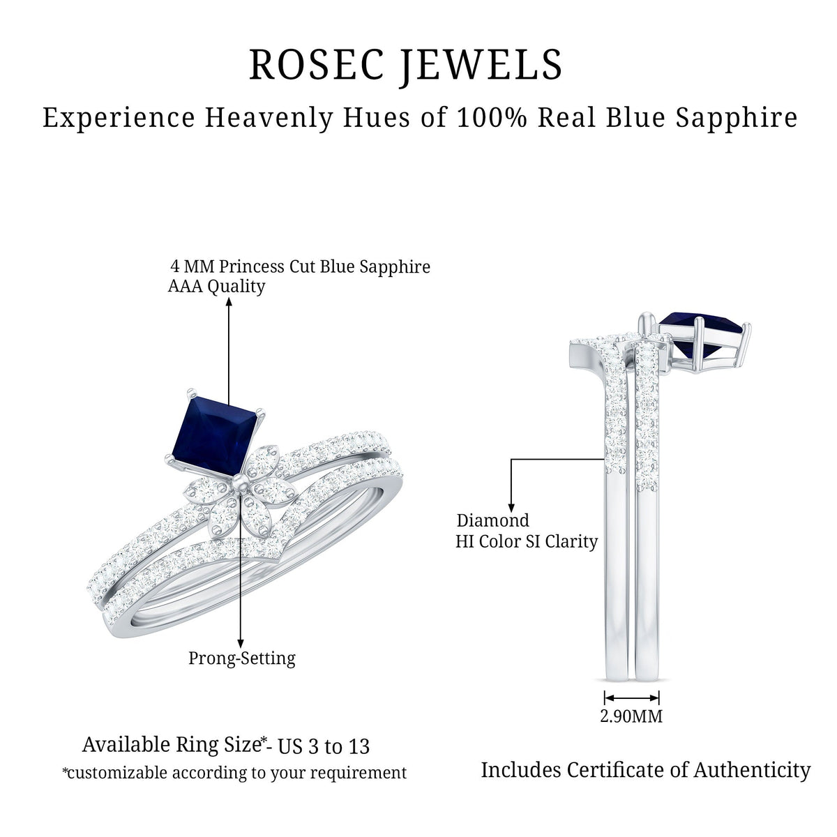 Designer Princess Cut Blue Sapphire and Diamond Flower Wedding Ring Set by Rosec Jewels, featuring intricate floral design and sparkling gemstones.