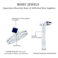 Designer Princess Cut Blue Sapphire and Diamond Flower Wedding Ring Set by Rosec Jewels, featuring intricate floral design and sparkling gemstones.