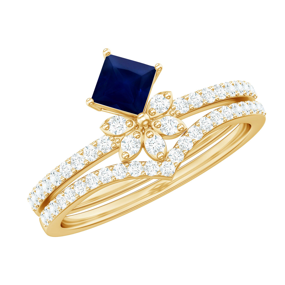 Rosec Jewels blue sapphire and diamond flower wedding ring set featuring princess cut sapphires and sparkling diamonds.