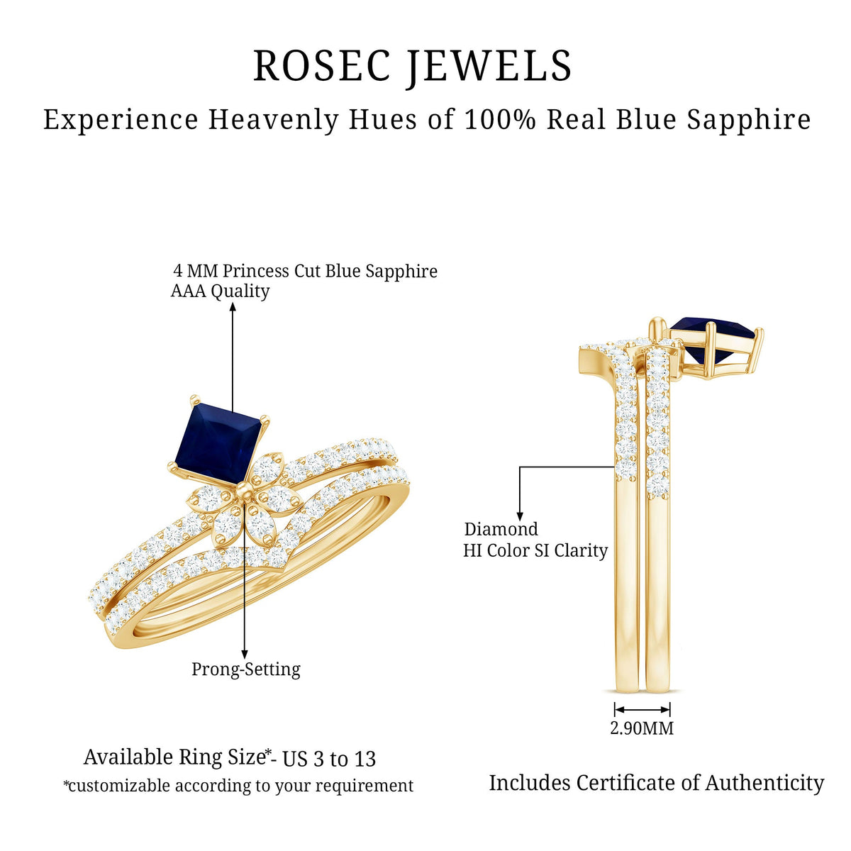 Rosec Jewels princess cut blue sapphire and diamond flower wedding ring set featuring elegant rings with intricate designs.