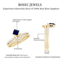 Rosec Jewels princess cut blue sapphire and diamond flower wedding ring set featuring elegant rings with intricate designs.