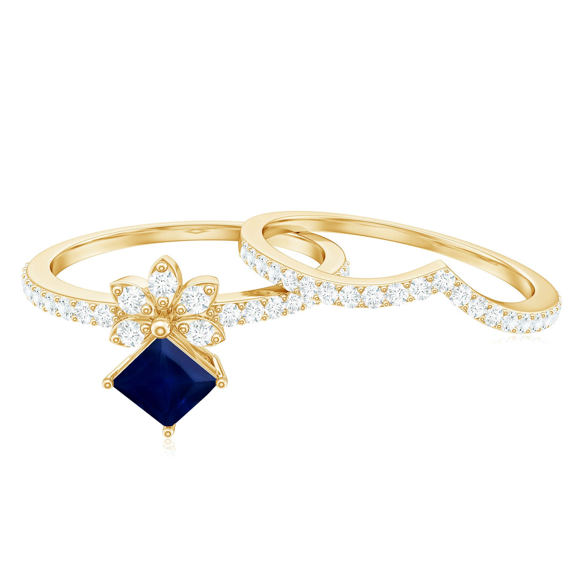 Rosec Jewels blue sapphire and diamond princess cut wedding ring set with floral design, featuring intricate detailing and sparkling stones.