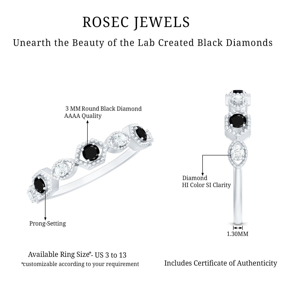 Certified Lab Grown Black and White Diamond Half Eternity Ring