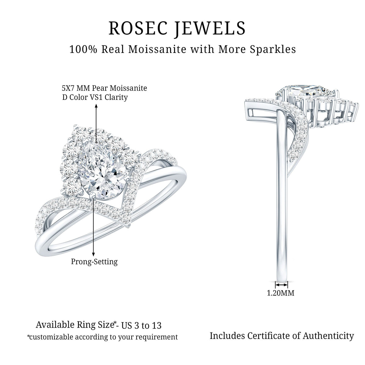 Pear-shaped 0.79 carat moissanite engagement ring by Rosec Jewels featuring a sparkling center stone and elegant band.