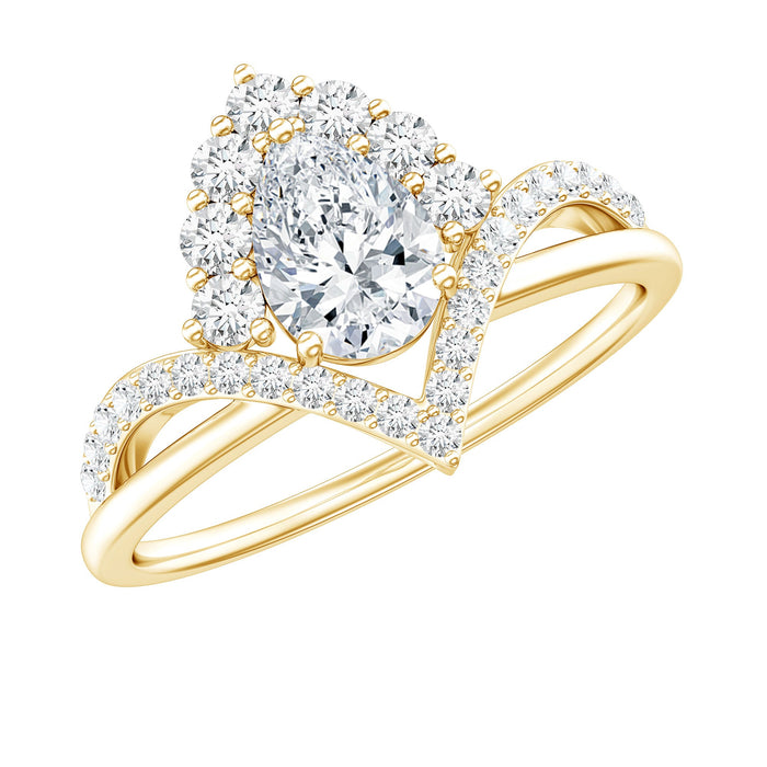 Women's pear-shaped moissanite engagement ring in silver, designer jewelry with elegant gemstone setting.