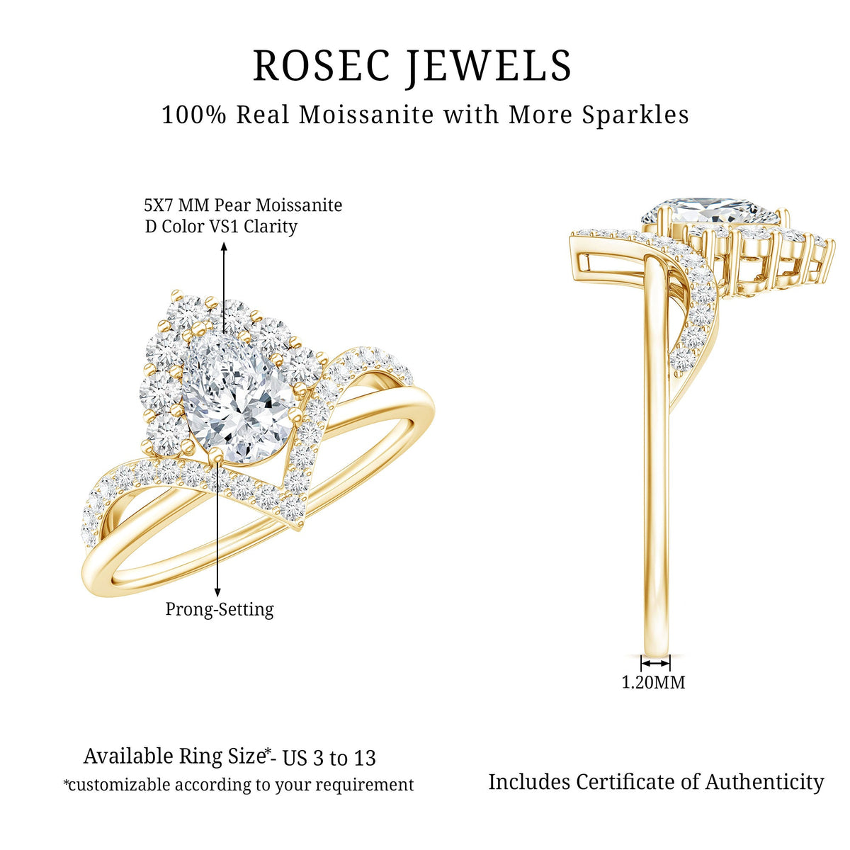 Pear-shaped 0.79 carat moissanite engagement ring by Rosec Jewels, featuring a sparkling central stone and elegant band design.
