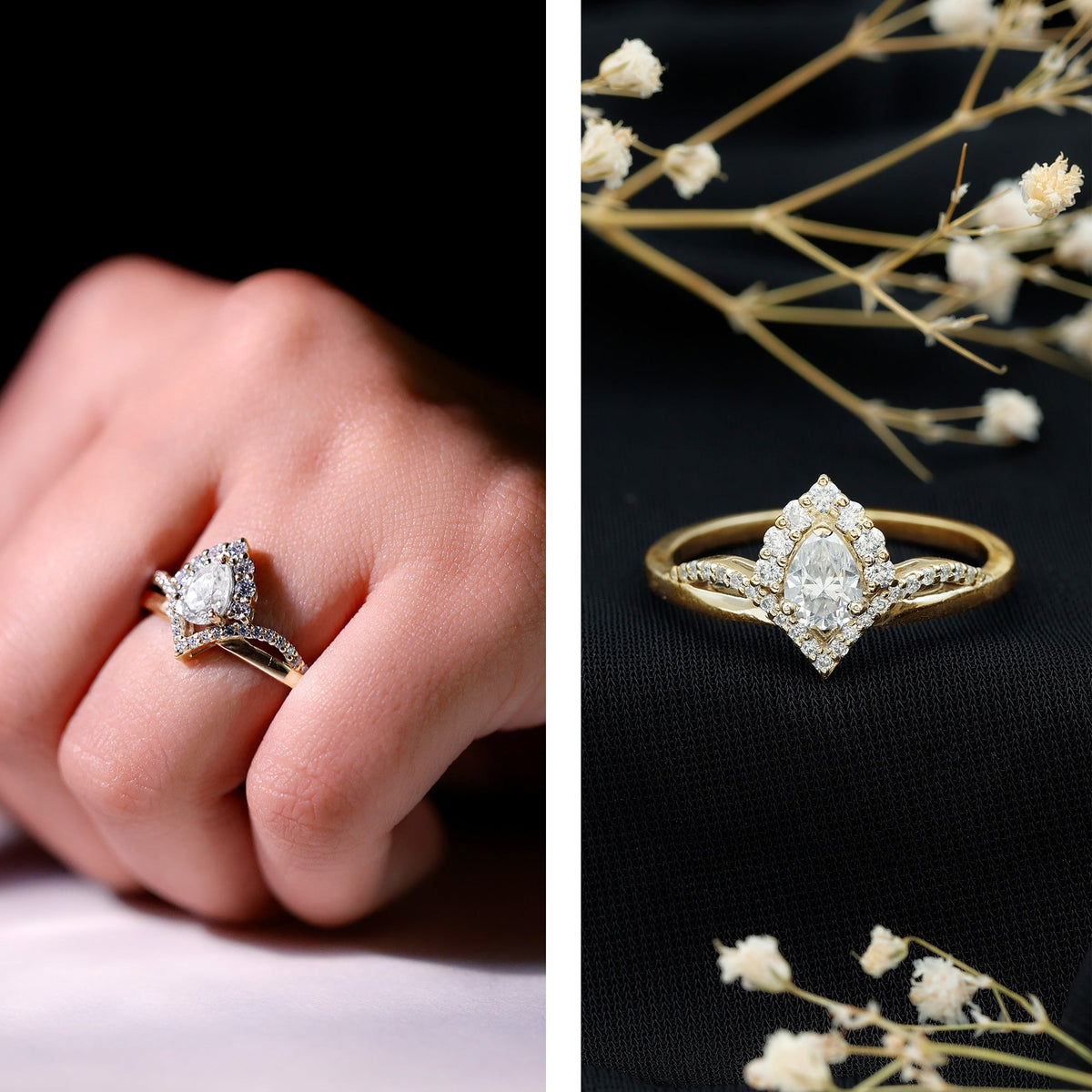 Women’s pear-shaped Moissanite engagement ring in silver with a detailed designer setting by Rosec Jewels.