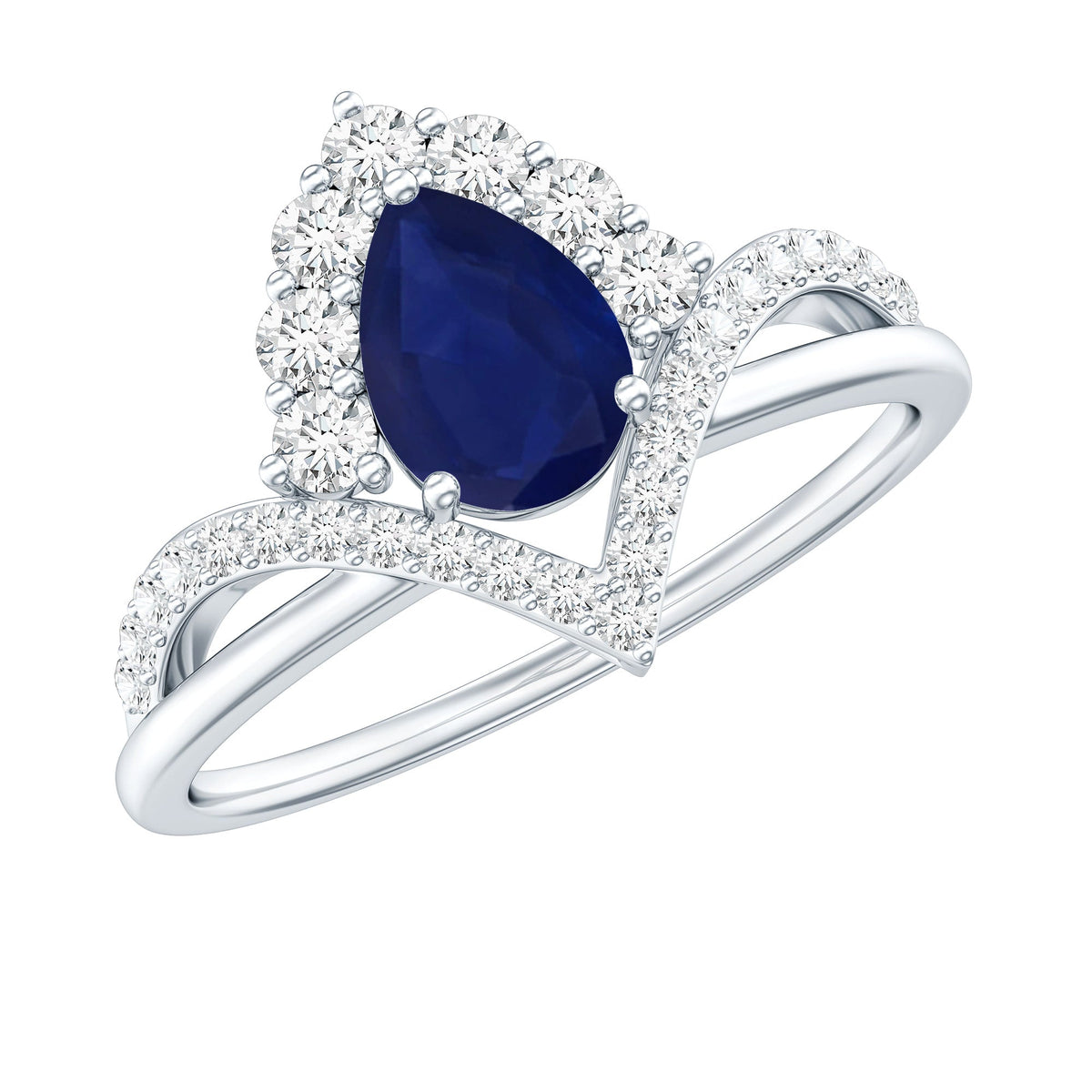 Pear cut blue sapphire solitaire ring with diamonds, designer jewelry by Rosec Jewels, showcasing a sleek and elegant ring design.