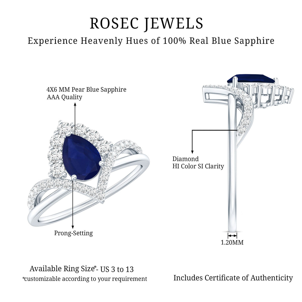 Pear cut blue sapphire solitaire ring with diamond accents from Rosec Jewels, showcasing a elegant blue gemstone and fine metal setting.