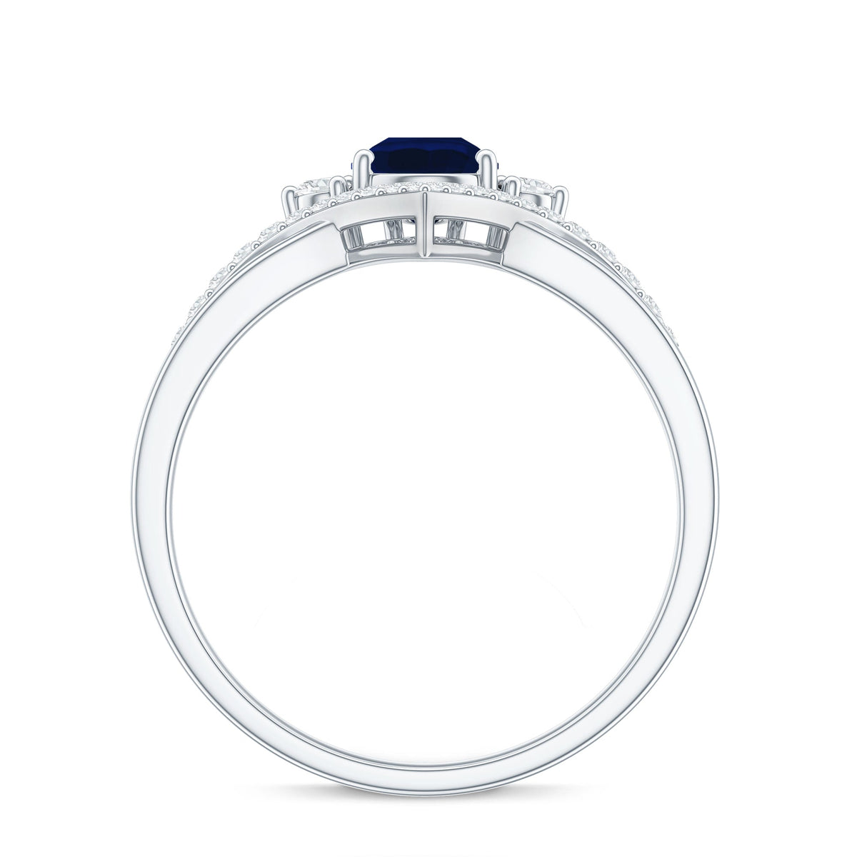 Pear cut blue sapphire solitaire ring with diamond accents by Rosec Jewels, featuring a sleek silver band and elegant design