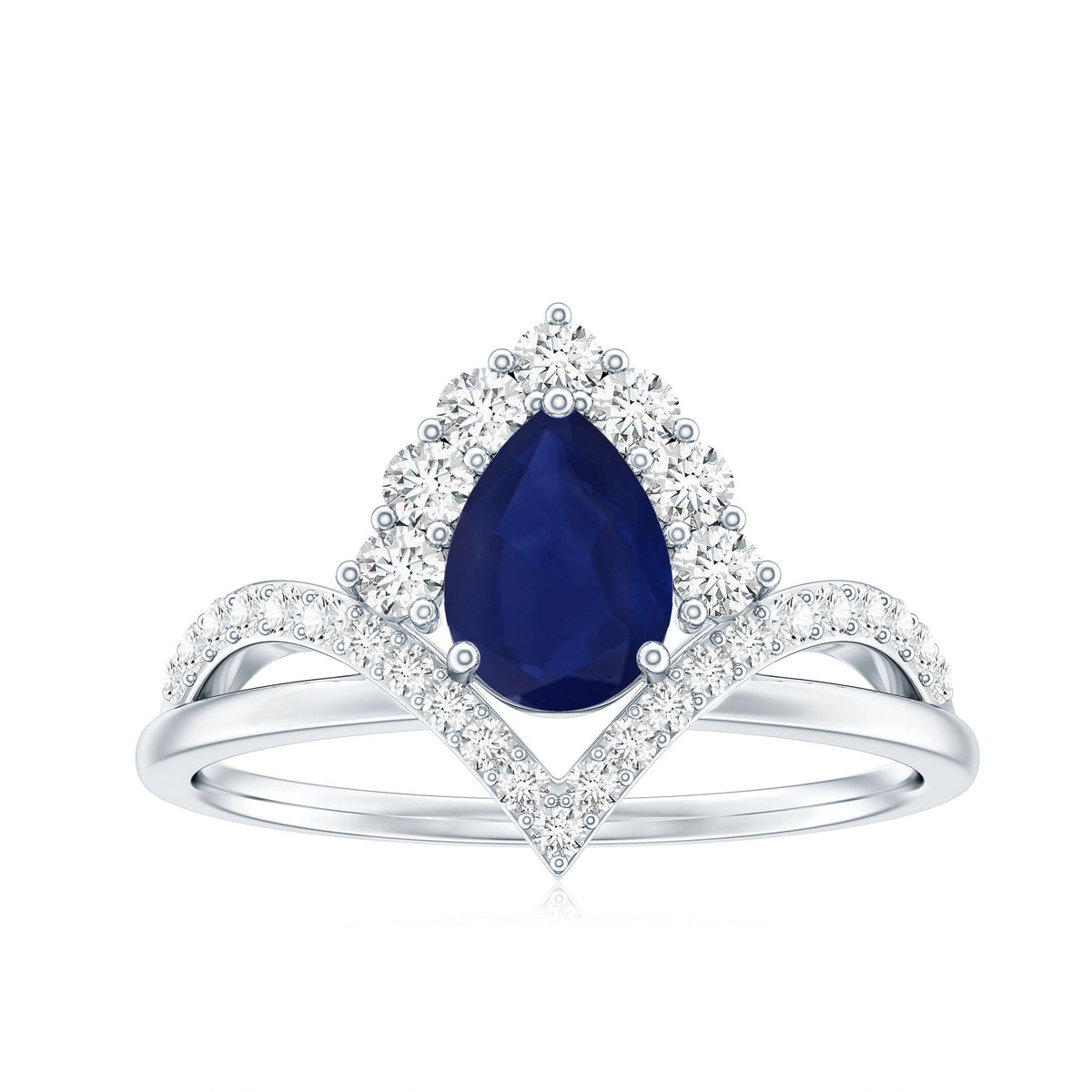 Pear cut blue sapphire solitaire ring with diamond accent, crafted by Rosec Jewels, showcasing the elegant design and sparkling gemstones.