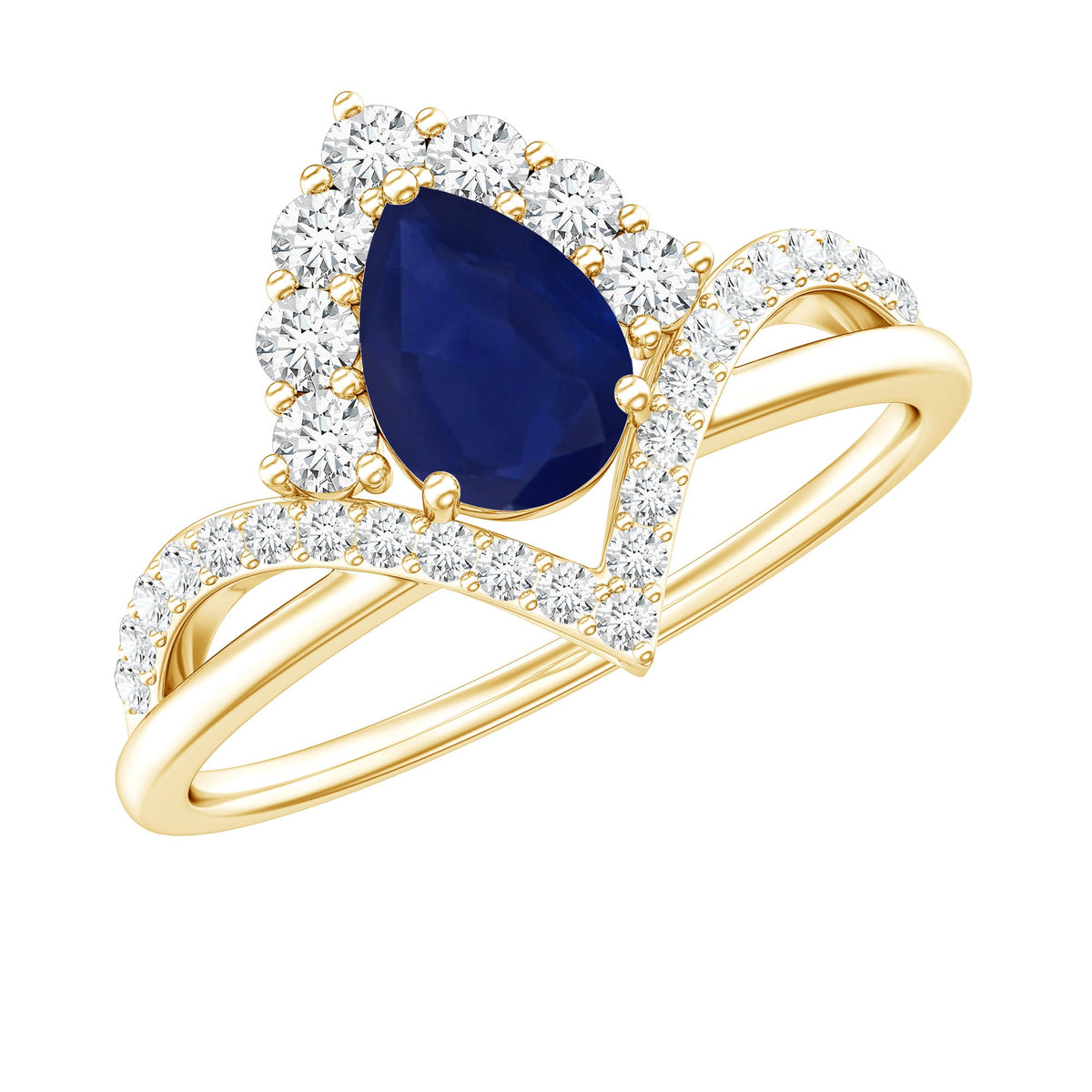 Pear cut blue sapphire solitaire ring with diamond accents by Rosec Jewels, showcasing a elegant blue gemstone and sparkling details.