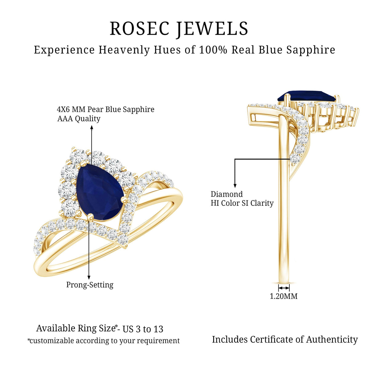 Pear cut blue sapphire solitaire ring with diamond accents by Rosec Jewels, showcasing the elegant design and sparkling gemstones.