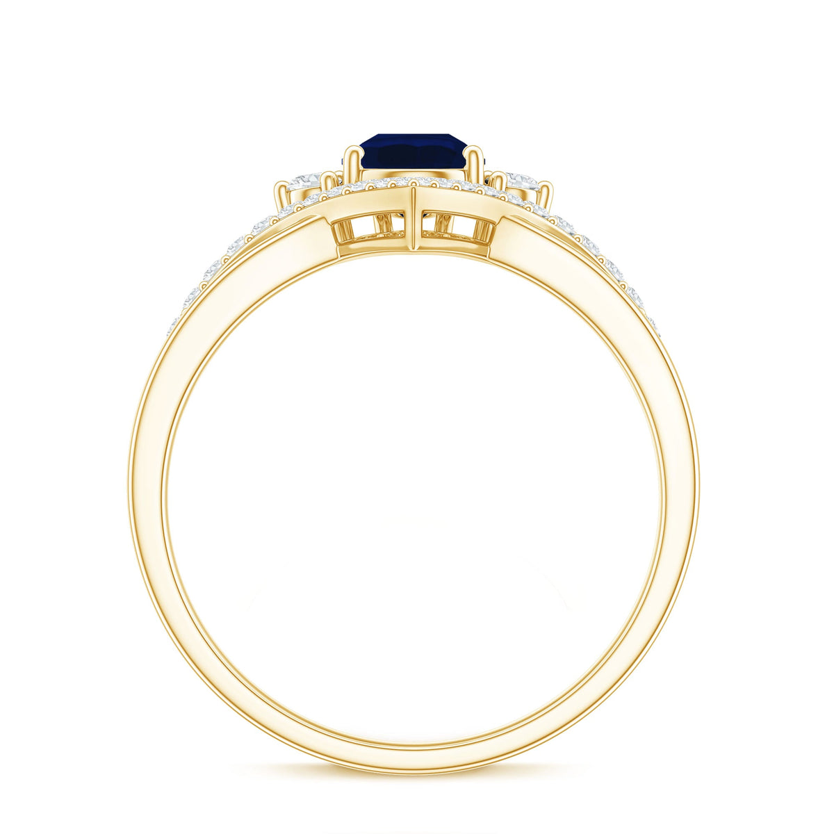 Pear cut blue sapphire solitaire ring with diamond accents by Rosec Jewels, featuring a sleek silver band and elegant design.