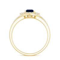 Pear cut blue sapphire solitaire ring with diamond accents by Rosec Jewels, featuring a sleek silver band and elegant design.
