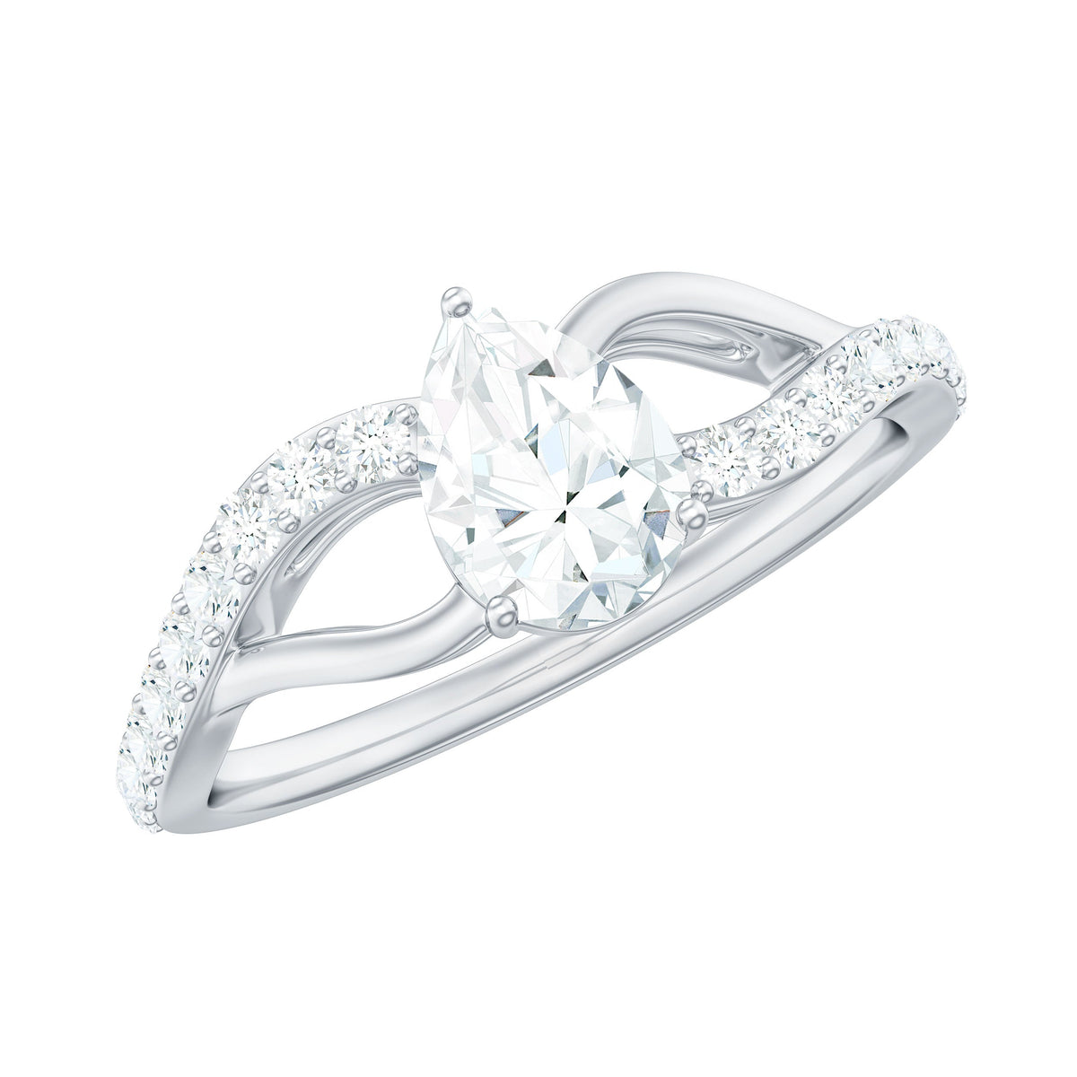 Certified Pear Cut Moissanite split shank engagement ring by Rosec Jewels with a sparkling pear-shaped moissanite center and elegant split band.