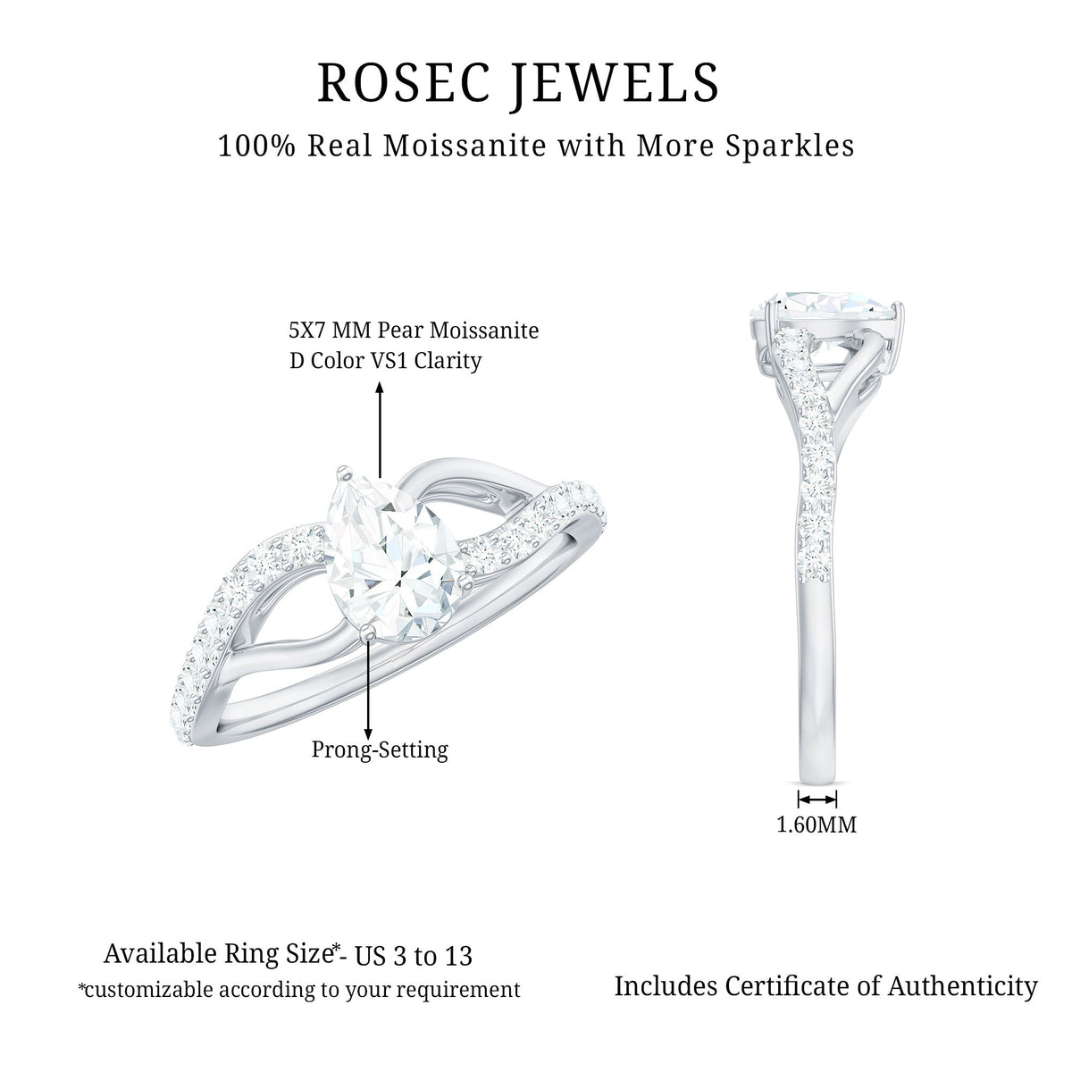 Certified Pear Cut Moissanite engagement ring with split shank design from Rosec Jewels, featuring a sparkling pear-shaped center stone.