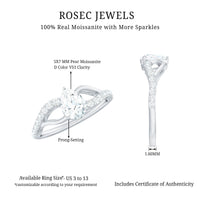 Certified Pear Cut Moissanite engagement ring with split shank design from Rosec Jewels, featuring a sparkling pear-shaped center stone.