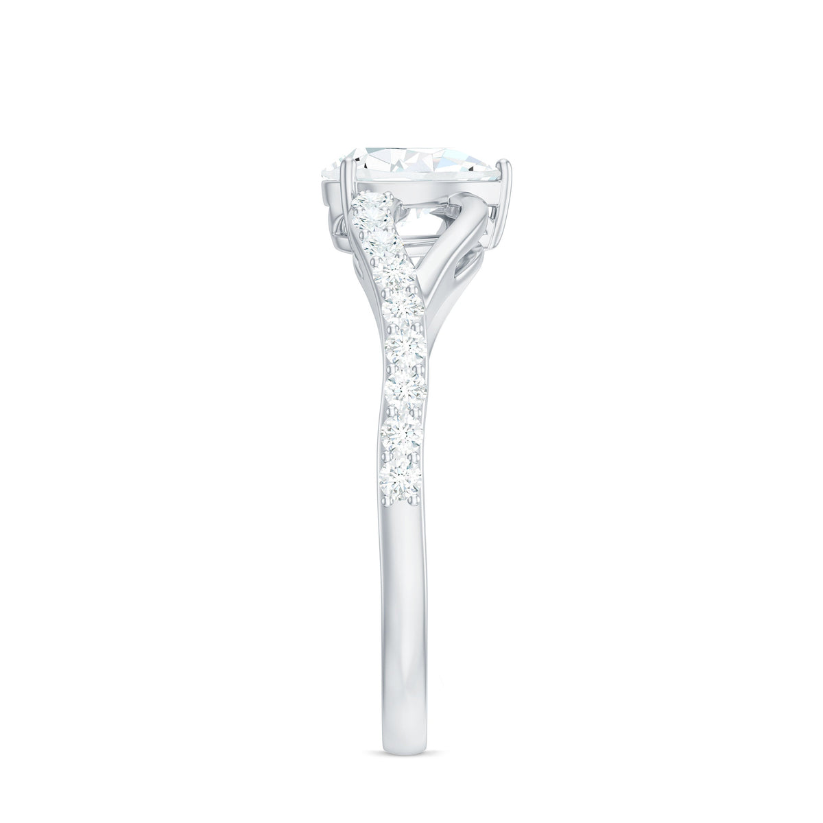 Certified pear-shaped moissanite engagement ring with split shank design by Rosec Jewels, featuring sparkling gemstones and elegant craftsmanship.