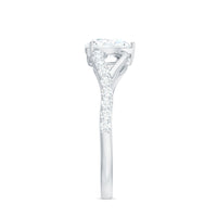 Certified pear-shaped moissanite engagement ring with split shank design by Rosec Jewels, featuring sparkling gemstones and elegant craftsmanship.