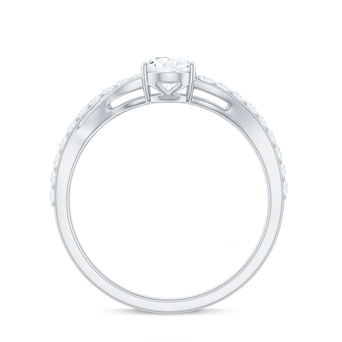 Certified Pear Cut Moissanite engagement ring with split shank design from Rosec Jewels, featuring a sparkling pear-shaped center stone.