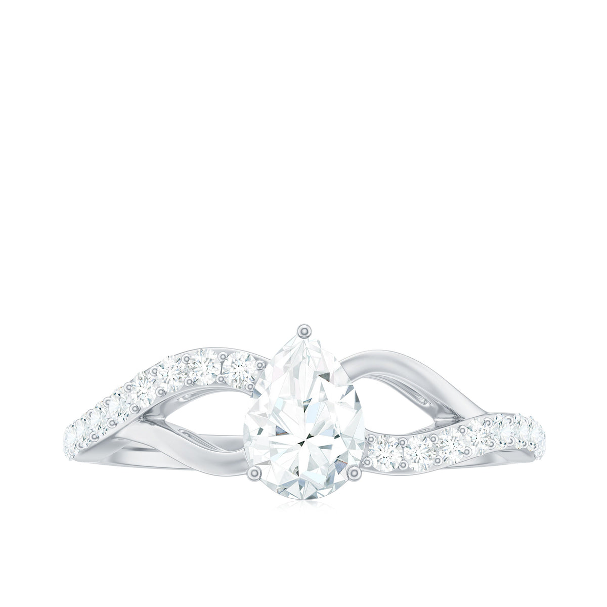 Pear cut moissanite engagement ring with split shank design by Rosec Jewels, showcasing a sparkling center stone and elegant band.