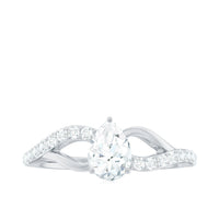 Pear cut moissanite engagement ring with split shank design by Rosec Jewels, showcasing a sparkling center stone and elegant band.