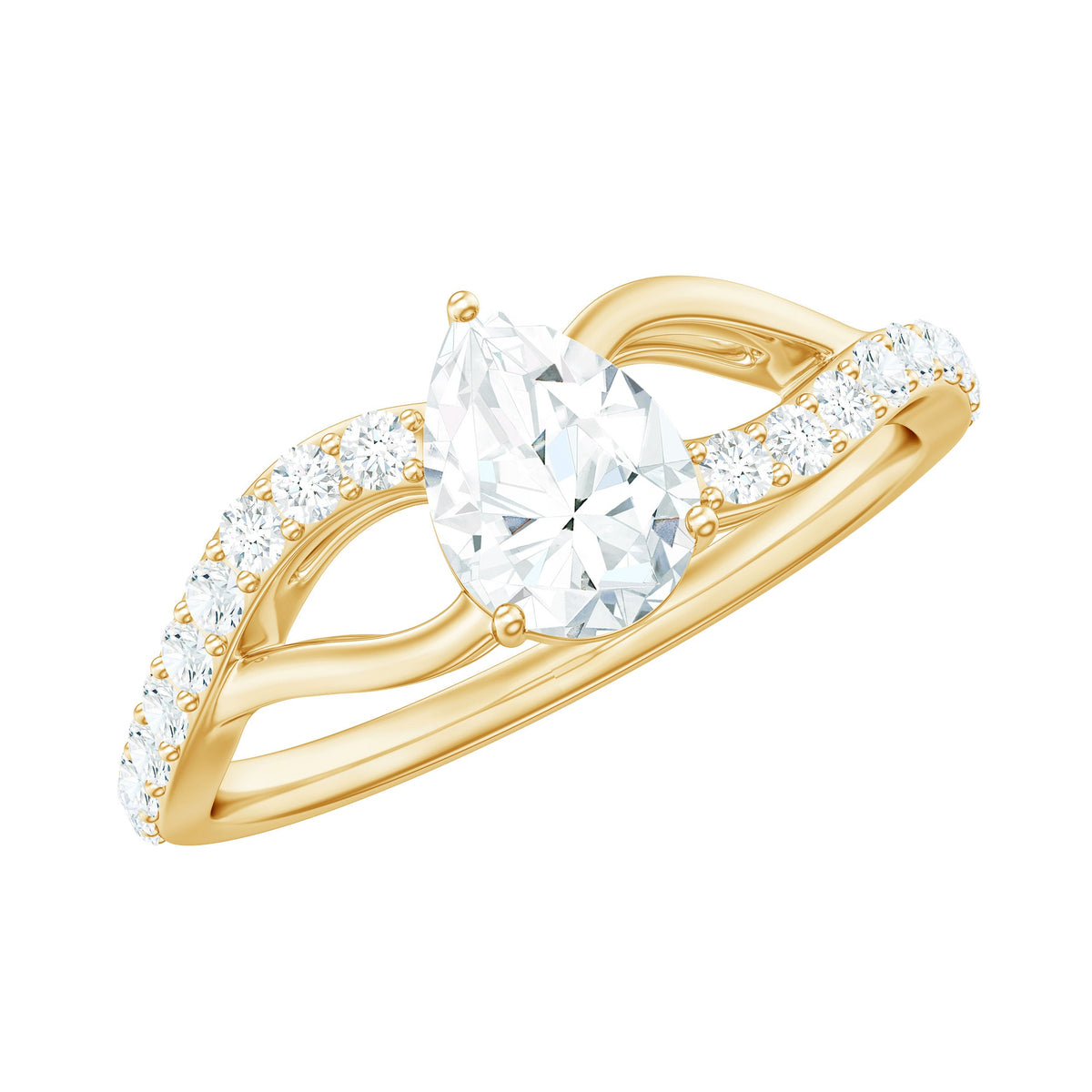 Certified Pear Cut Moissanite engagement ring with split shank design from Rosec Jewels, showcasing sparkling center stone and elegant band.