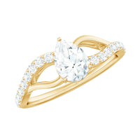 Certified Pear Cut Moissanite engagement ring with split shank design from Rosec Jewels, showcasing sparkling center stone and elegant band.