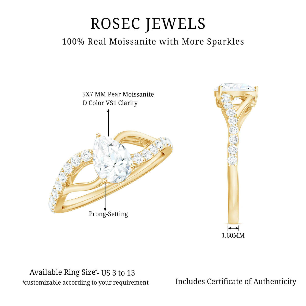 Certified pear-cut moissanite engagement ring with split shank design from Rosec Jewels, showcasing the sparkling center stone and elegant band.