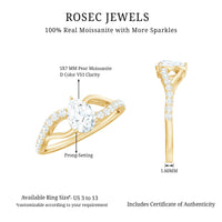 Certified pear-cut moissanite engagement ring with split shank design from Rosec Jewels, showcasing the sparkling center stone and elegant band.