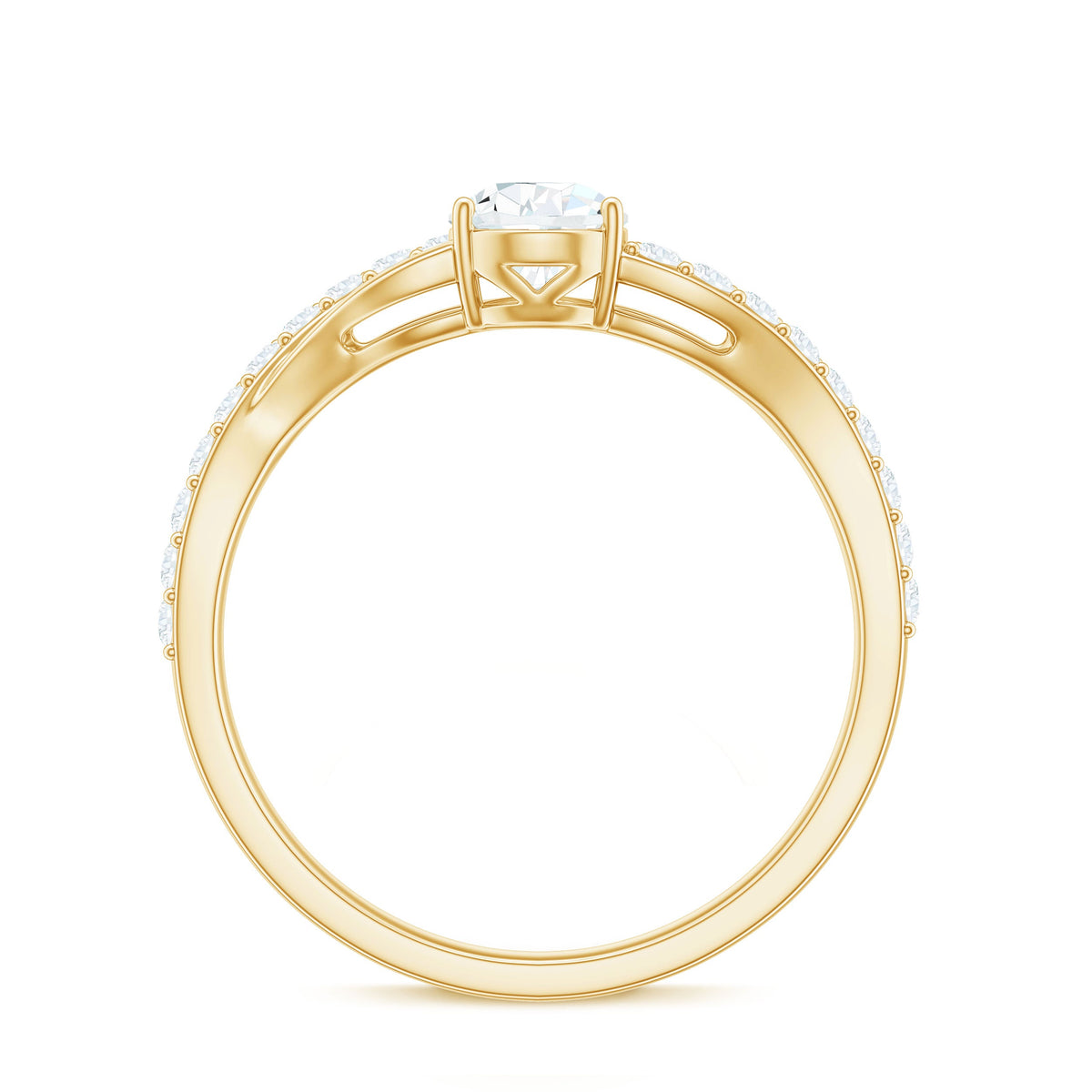 Pear cut moissanite engagement ring with split shank design by Rosec Jewels, showcasing the sparkling gemstone and elegant band.
