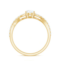 Pear cut moissanite engagement ring with split shank design by Rosec Jewels, showcasing the sparkling gemstone and elegant band.