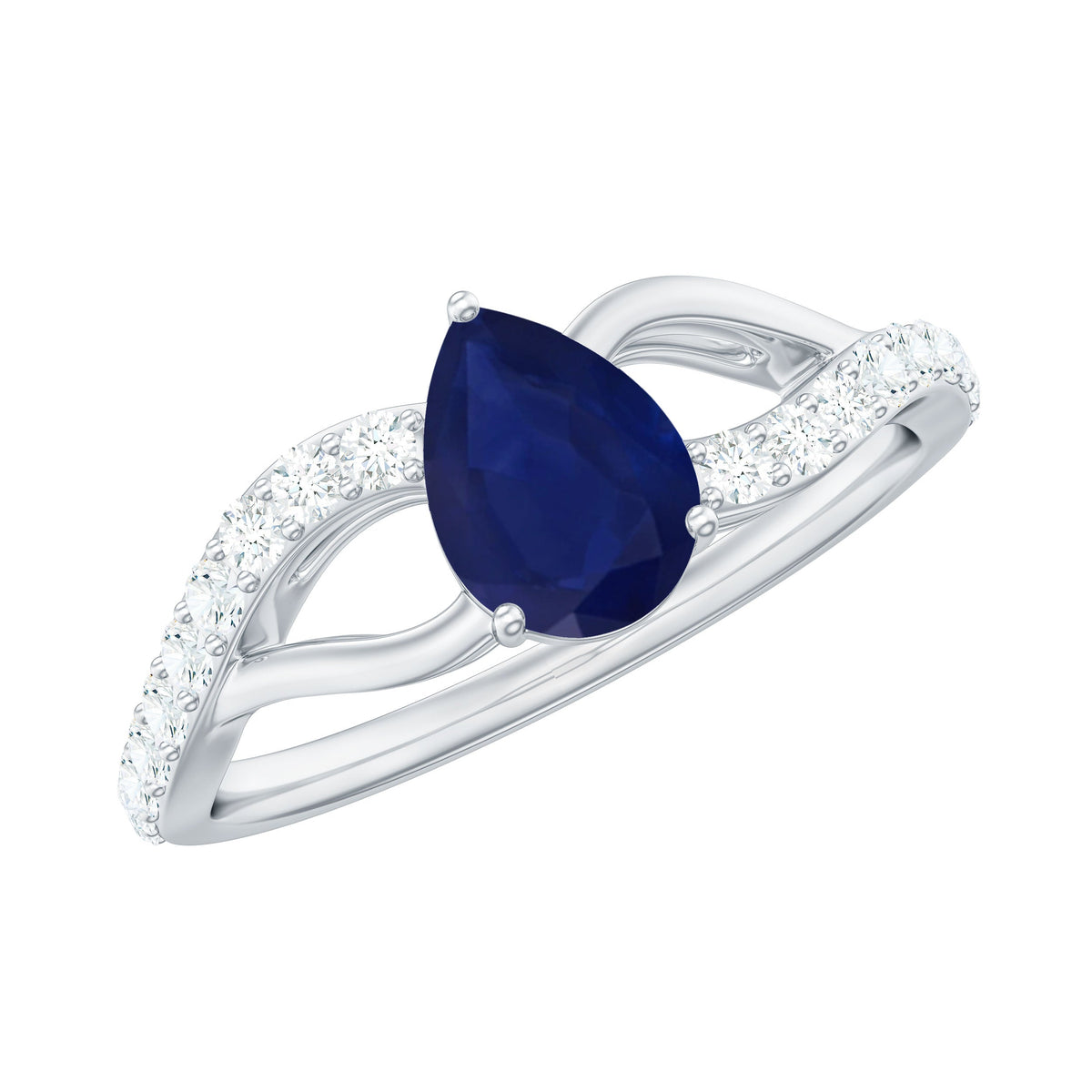 Pear-shaped blue sapphire engagement ring with split shank design by Rosec Jewels, featuring a 0.5 carat sapphire and certificate.