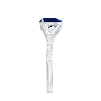 Pear-shaped blue sapphire engagement ring with split shank design by Rosec Jewels, featuring a 0.5 carat center stone and certificate.