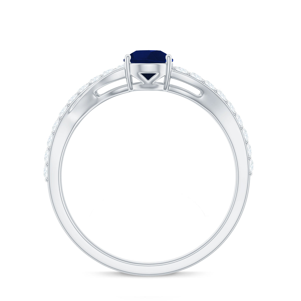 Pear-shaped blue sapphire engagement ring with split shank design by Rosec Jewels featuring a 0.5 carat gemstone and certification.
