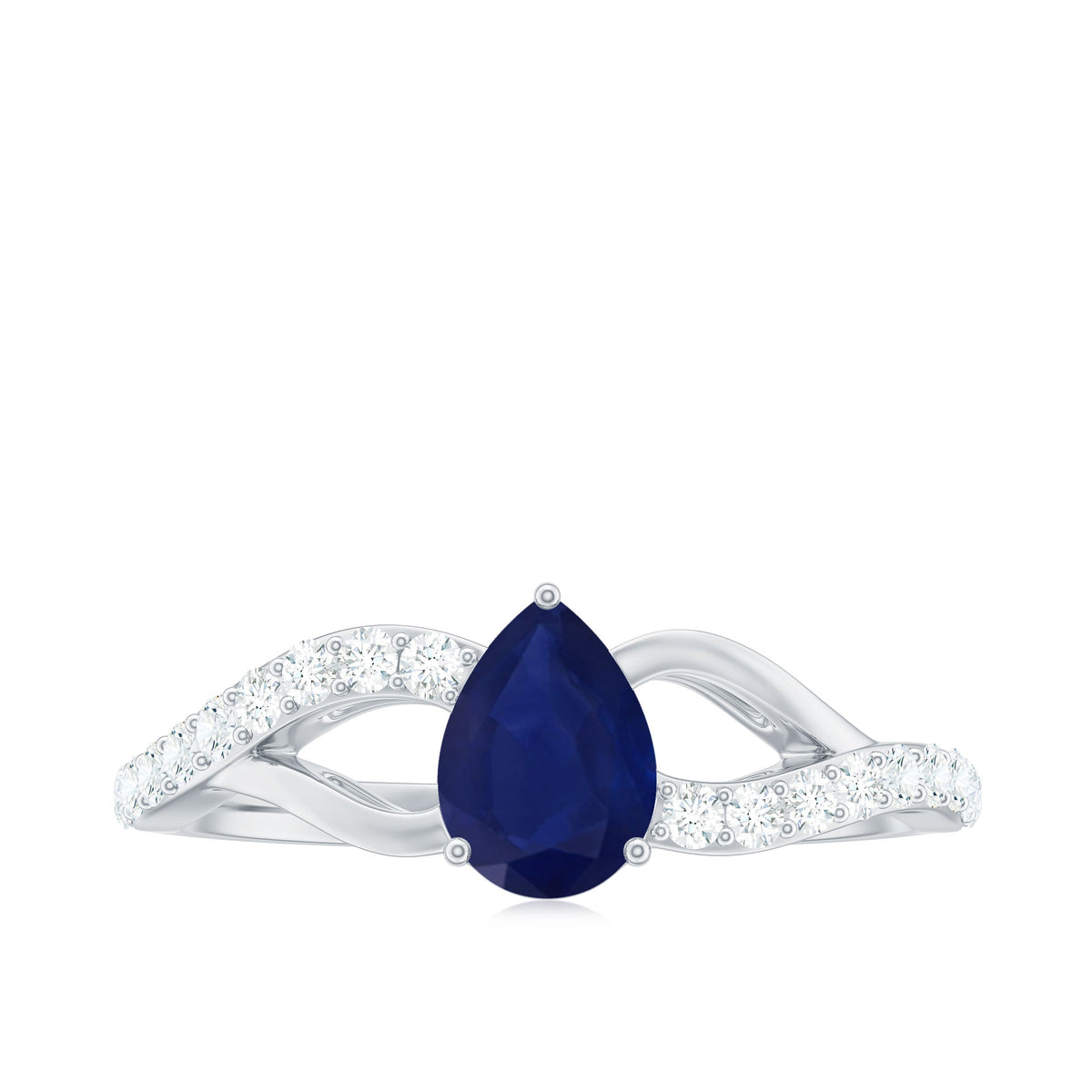 Pear-shaped blue sapphire engagement ring with split shank design by Rosec Jewels, featuring a 0.5 carat gemstone and certificate.