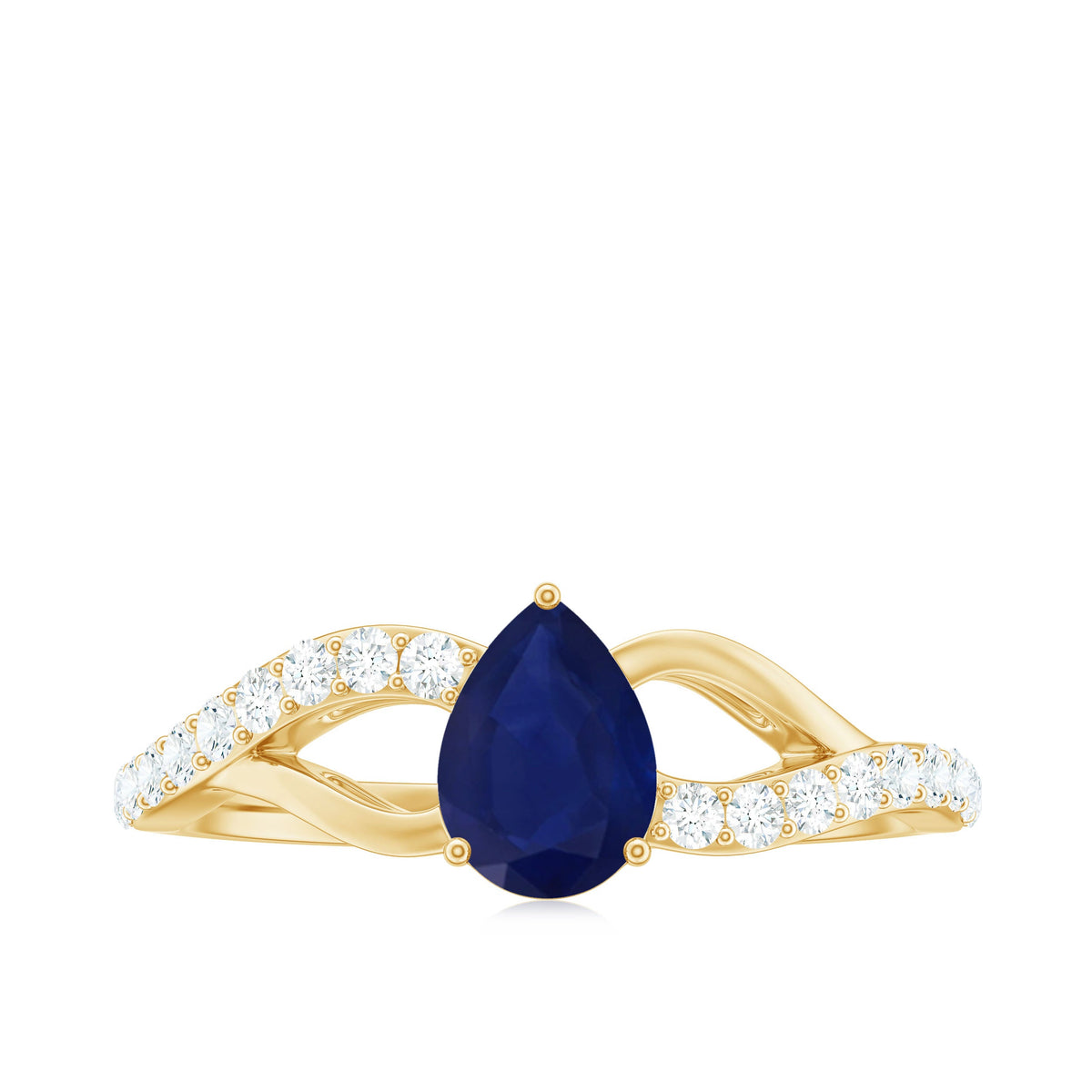 Genuine 0.5 carat pear-shaped blue sapphire engagement ring with split shank design from Rosec Jewels, featuring a certificate.