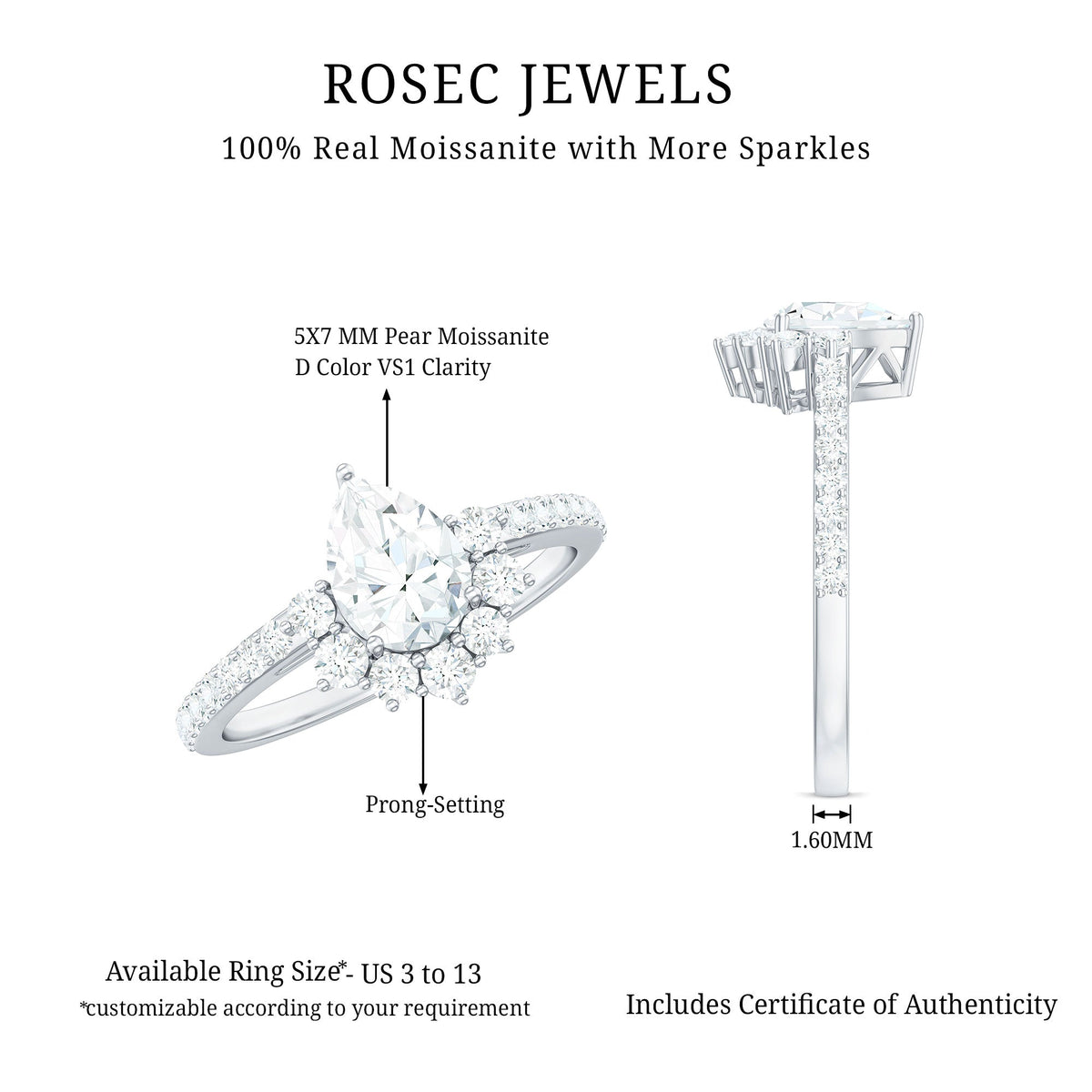 Moissanite teardrop engagement ring with half halo featuring a sparkling center stone and intricate band design.