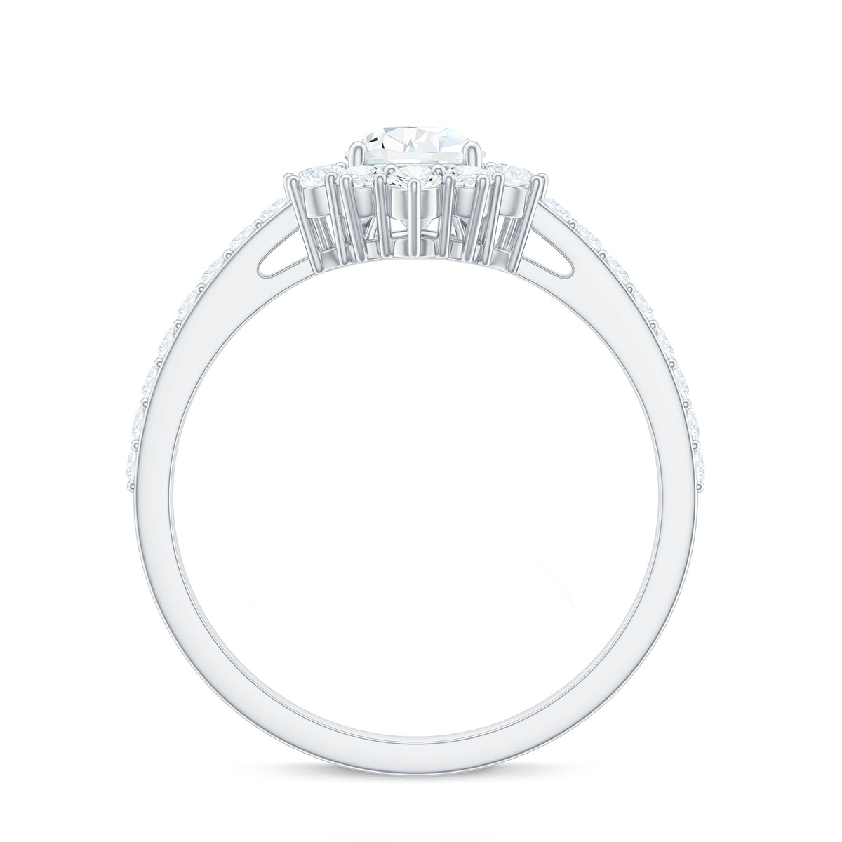 Moissanite teardrop engagement ring with half halo by Rosec Jewels, showcasing a sparkling teardrop-shaped gemstone and intricate band.