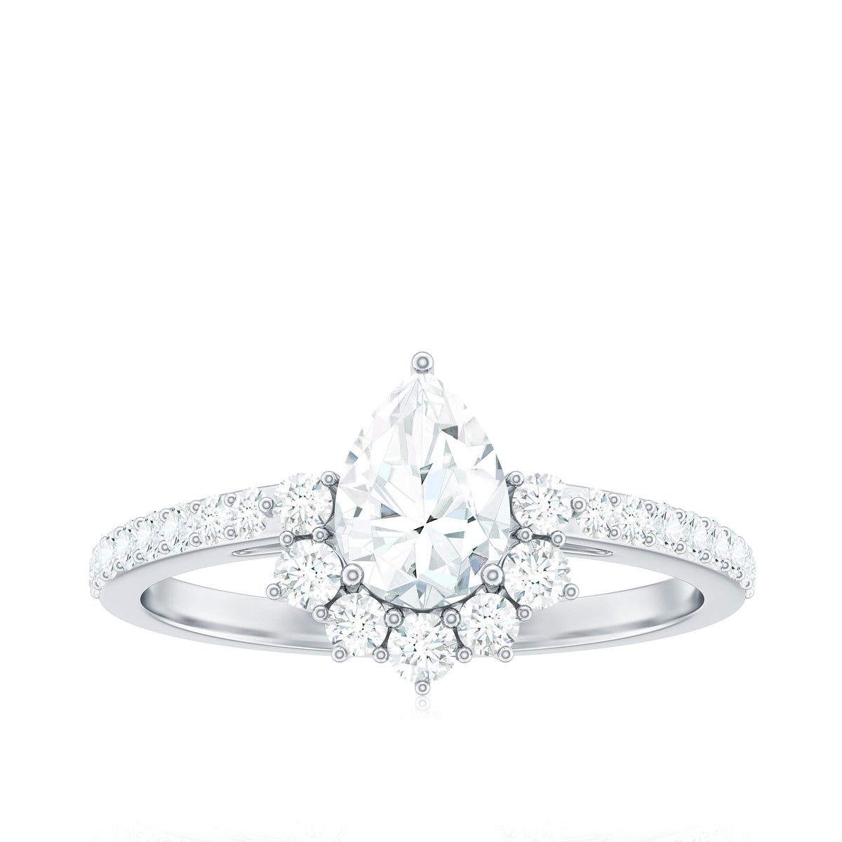 Rosec Jewels moissanite teardrop engagement ring with half halo and intricate band design, showcasing sparkling center stone.
