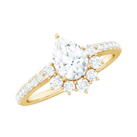 Rosec Jewels moissanite teardrop engagement ring with half halo, showcasing sparkling gemstones and elegant design