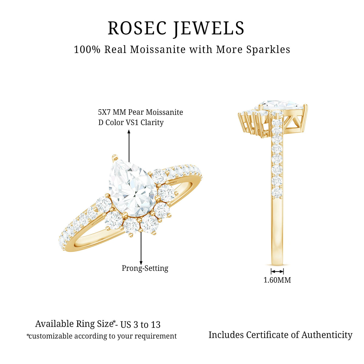 Moissanite teardrop engagement ring with half halo setting from Rosec Jewels, showcasing sparkling center stone and intricate band detail.