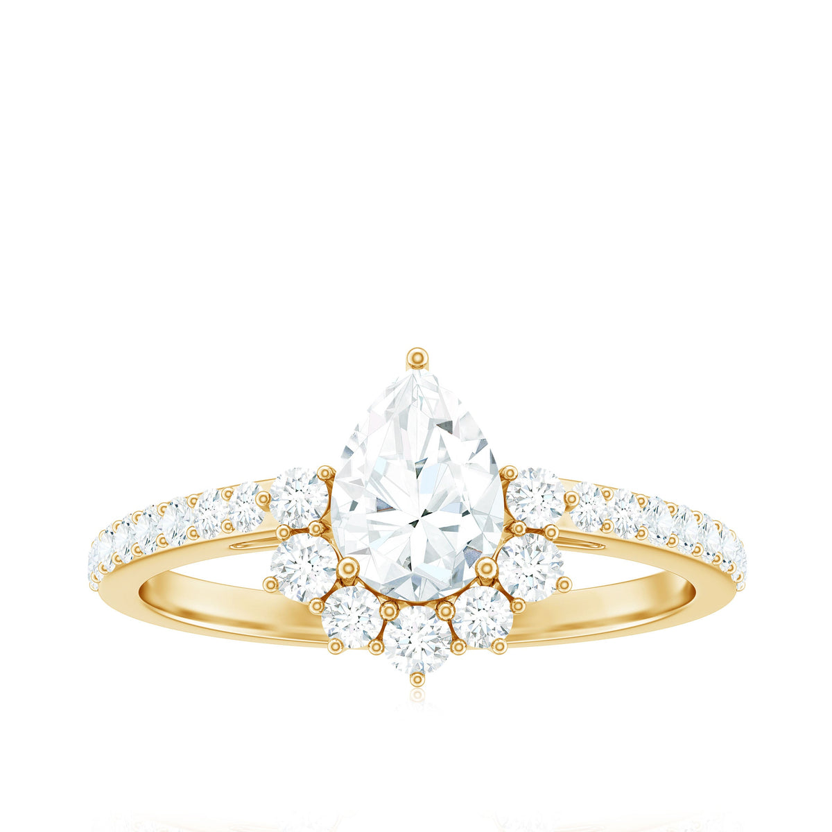 Moissanite teardrop engagement ring with half halo, featuring rose gold band and intricate detailing, by Rosec Jewels.
