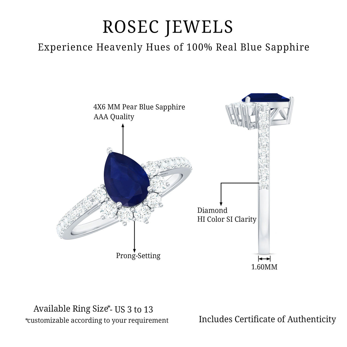Pear-shaped blue sapphire and diamond half halo engagement ring featuring 0.5 carats from Rosec Jewels, with intricate detailing.