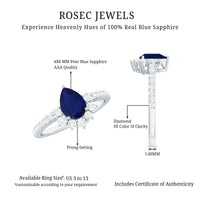 Pear-shaped blue sapphire and diamond half halo engagement ring featuring 0.5 carats from Rosec Jewels, with intricate detailing.