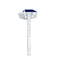 Pear-shaped blue sapphire and diamond half halo engagement ring from Rosec Jewels, featuring a 0.5 carat center stone and intricate design.