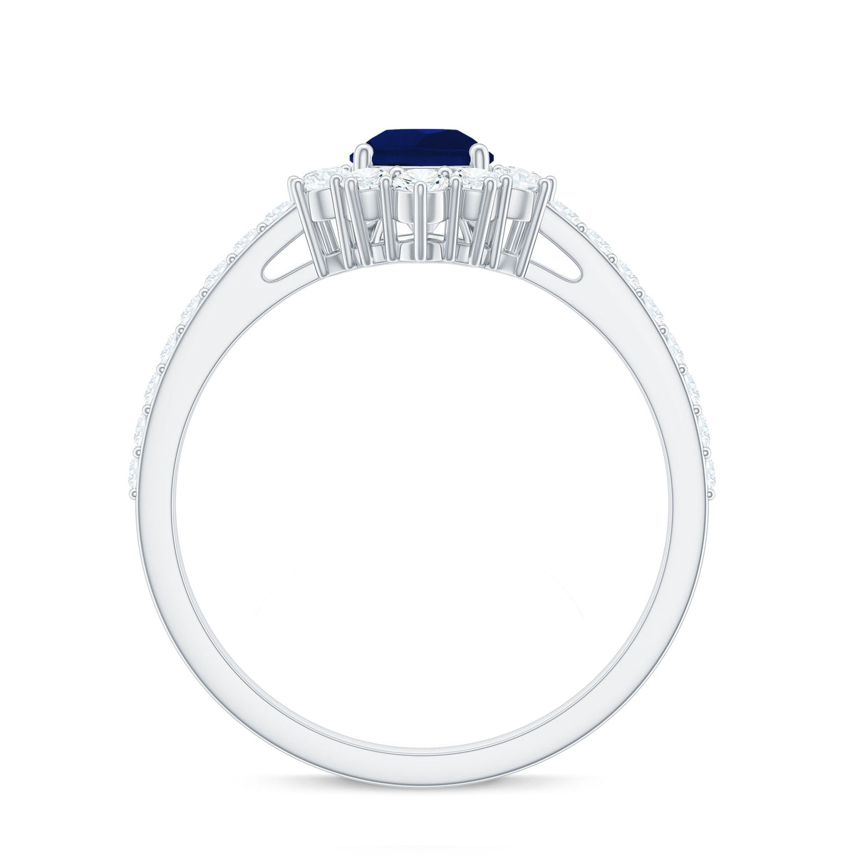 Pear-shaped blue sapphire and diamond half halo engagement ring by Rosec Jewels, showcasing a 0.5 carat center stone and intricate design.
