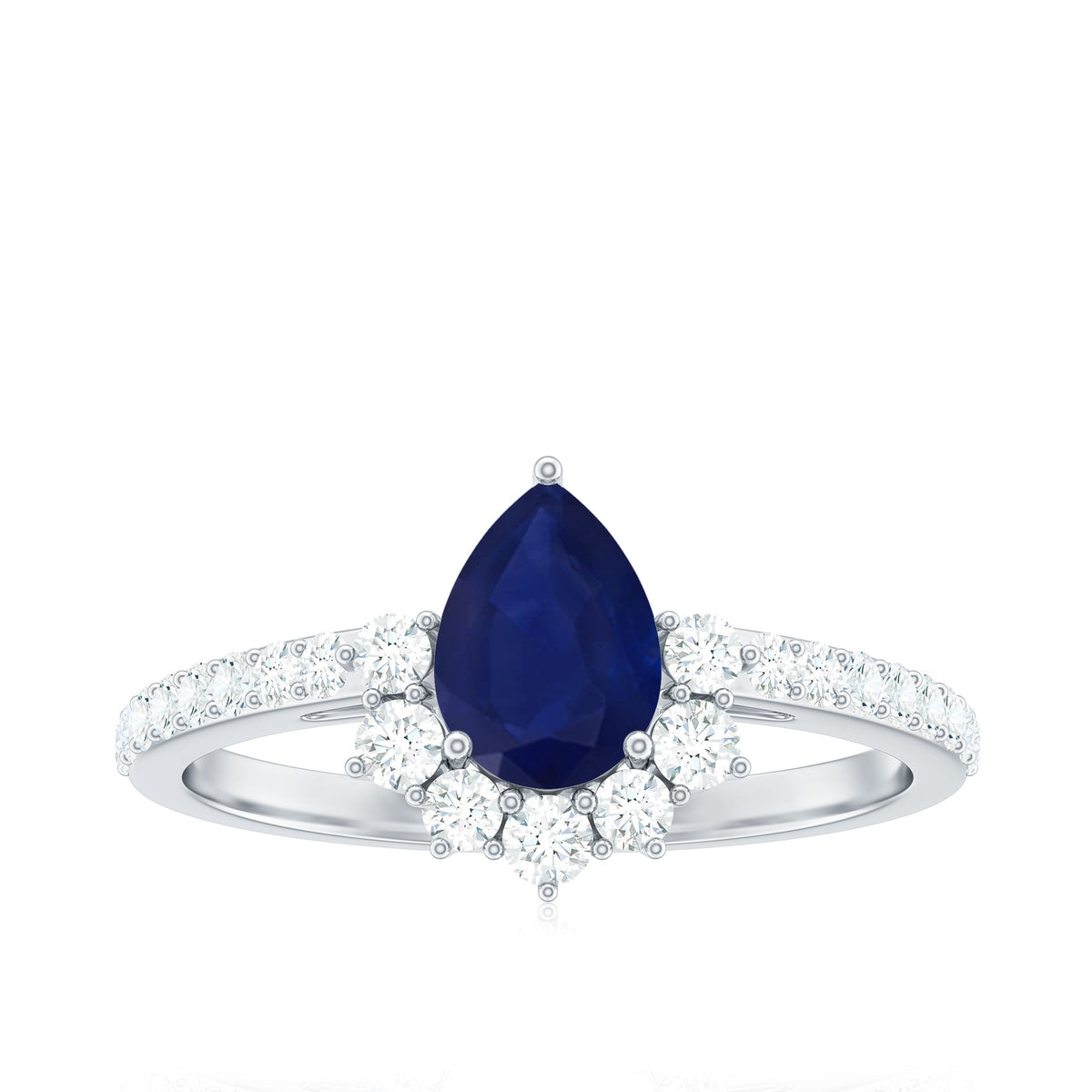 Pear-shaped blue sapphire and diamond half halo engagement ring with 0.5 carat center stone, featuring rose gold and intricate detailing.