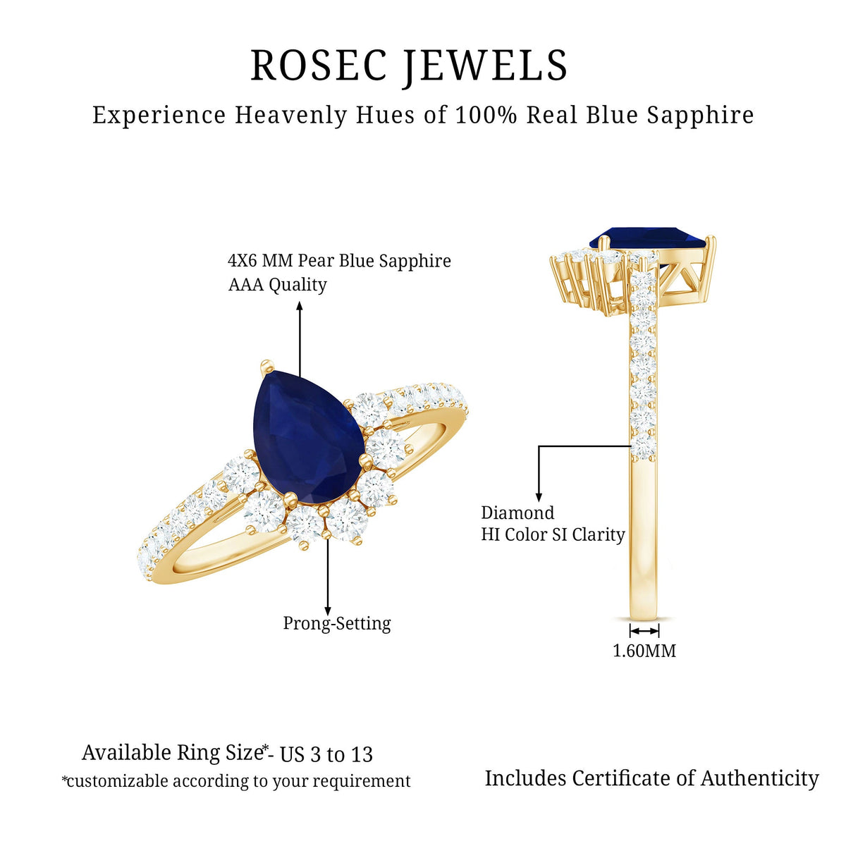 Pear-shaped blue sapphire and diamond half halo engagement ring featuring a 0.5 carat center stone, set in a Rosec Jewels ring.
